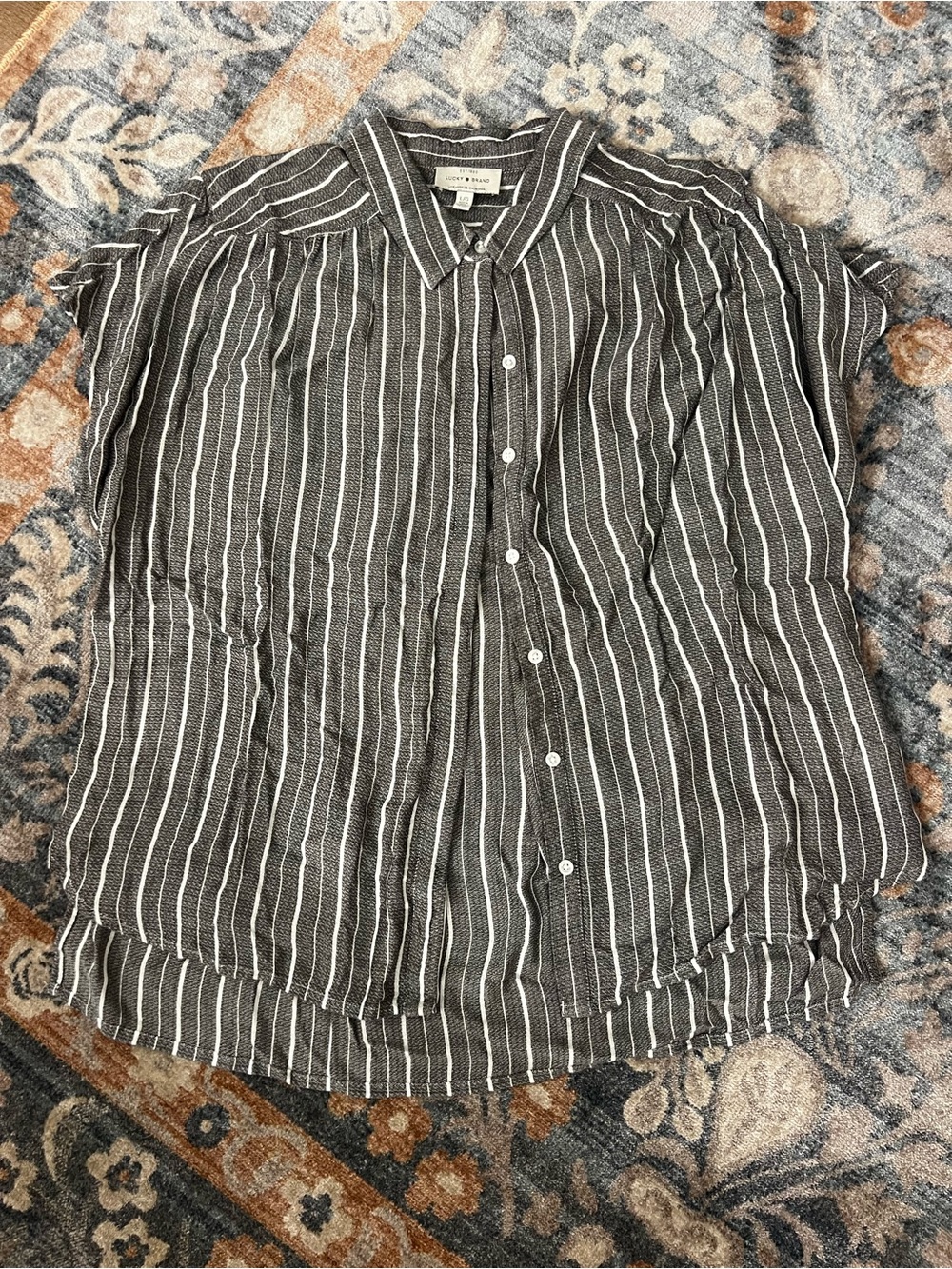 Lucky Brand Black and White Striped Short-Sleeve Button-Down Shirt